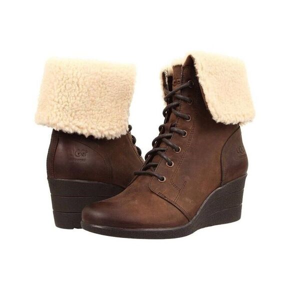 UGG Zea Waterproof Brown Leather Shearling Wedge Heel Lace-Up Womens Boots. Size - Picture 1 of 11